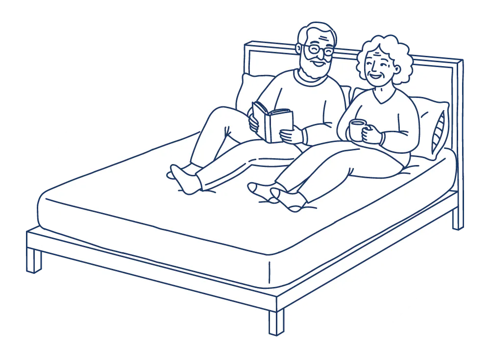 Illustration of an elderly couple siting in bed together while reading and enjoying a cup of tea.
