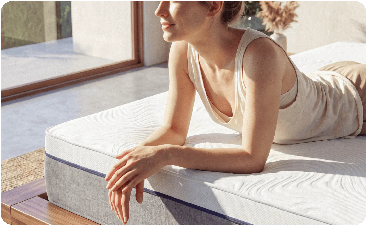 A woman lounging on the edge of a mattress, demonstrating that the mattress has superior edge support