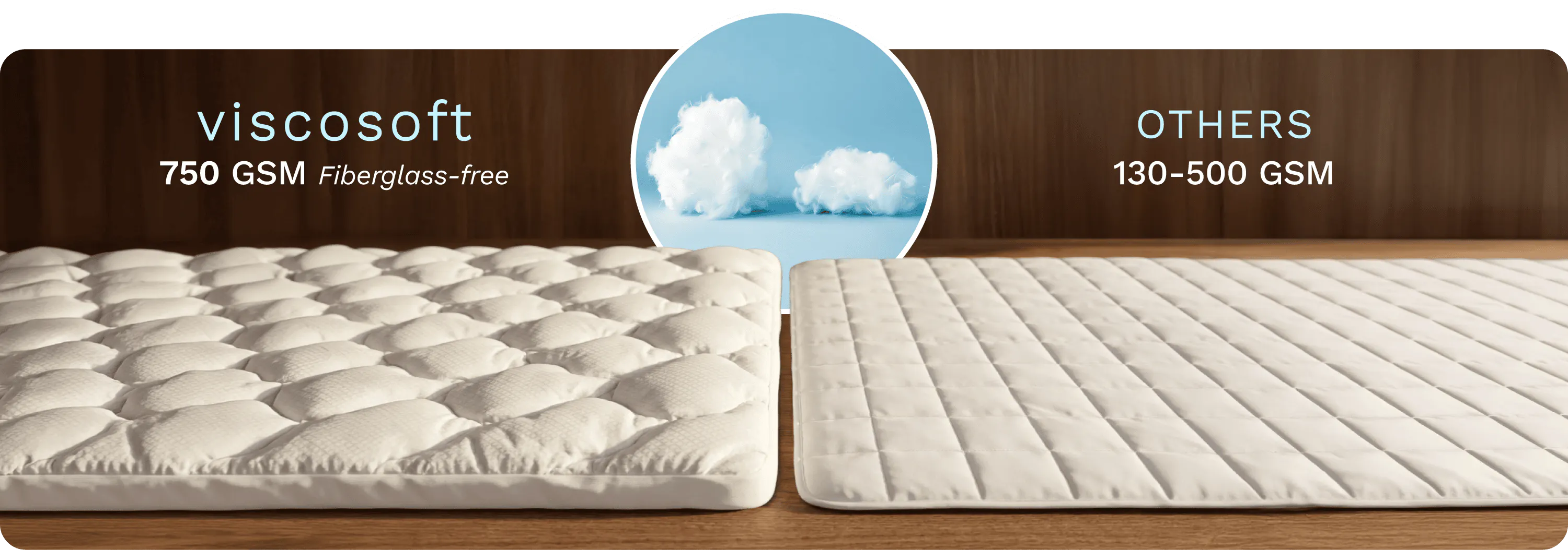 Side by side comparison of a Viscosoft mattress pad vs a competitor, showing Viscosoft is much more plush