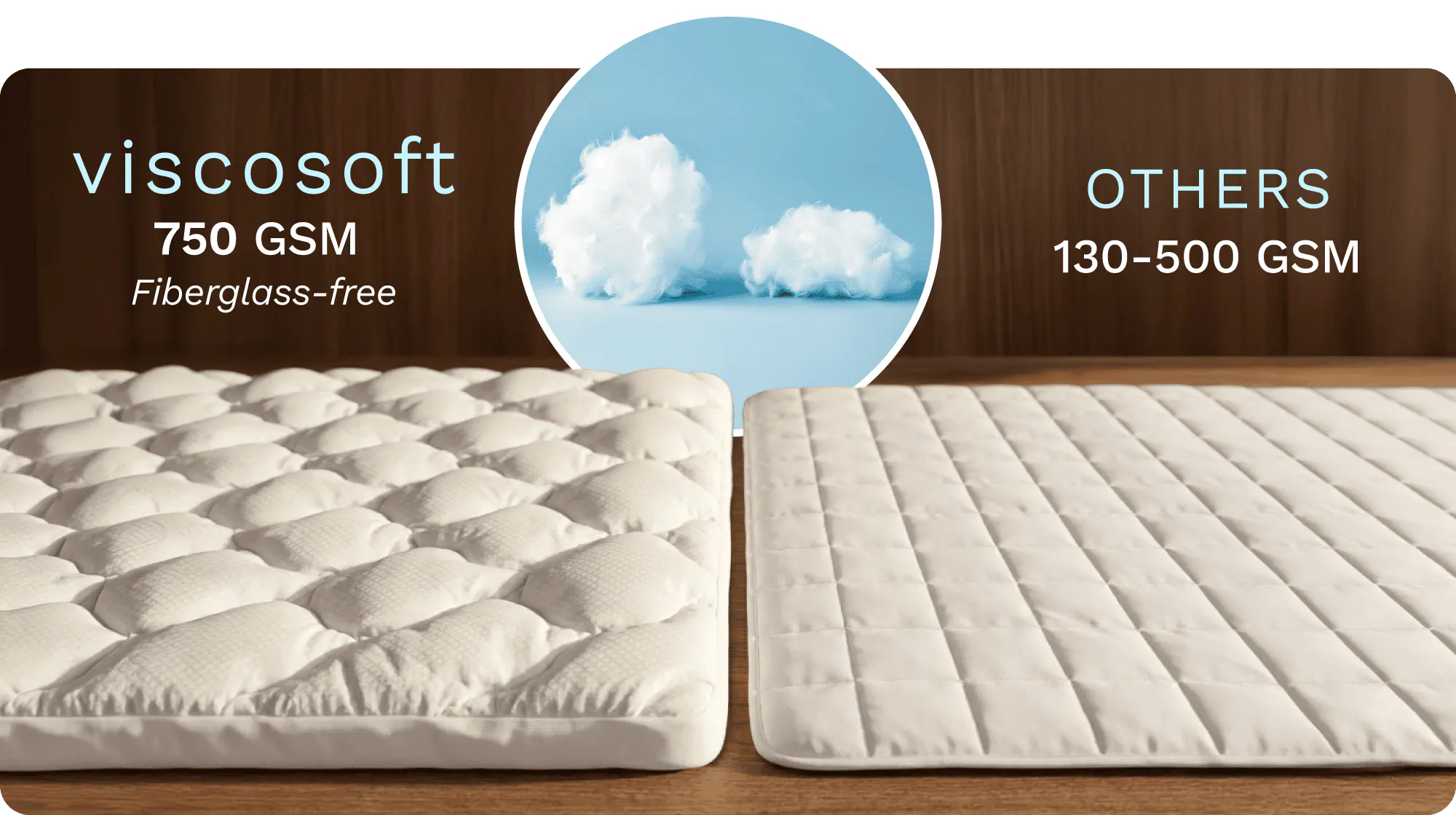 Side by side comparison of a Viscosoft mattress pad vs a competitor, showing Viscosoft is much more plush