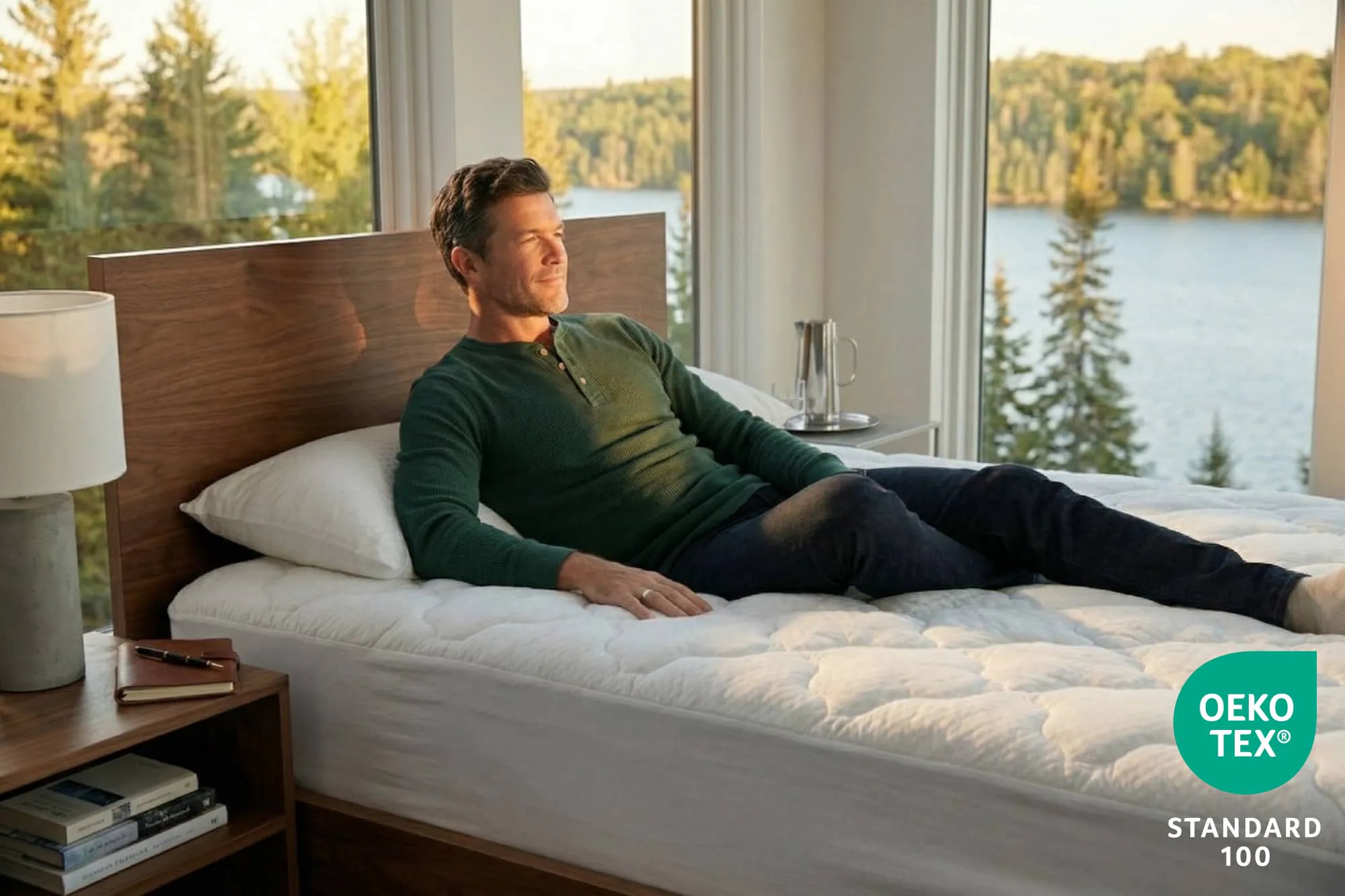 Man lounging contently on a quilted pillow top mattress pad