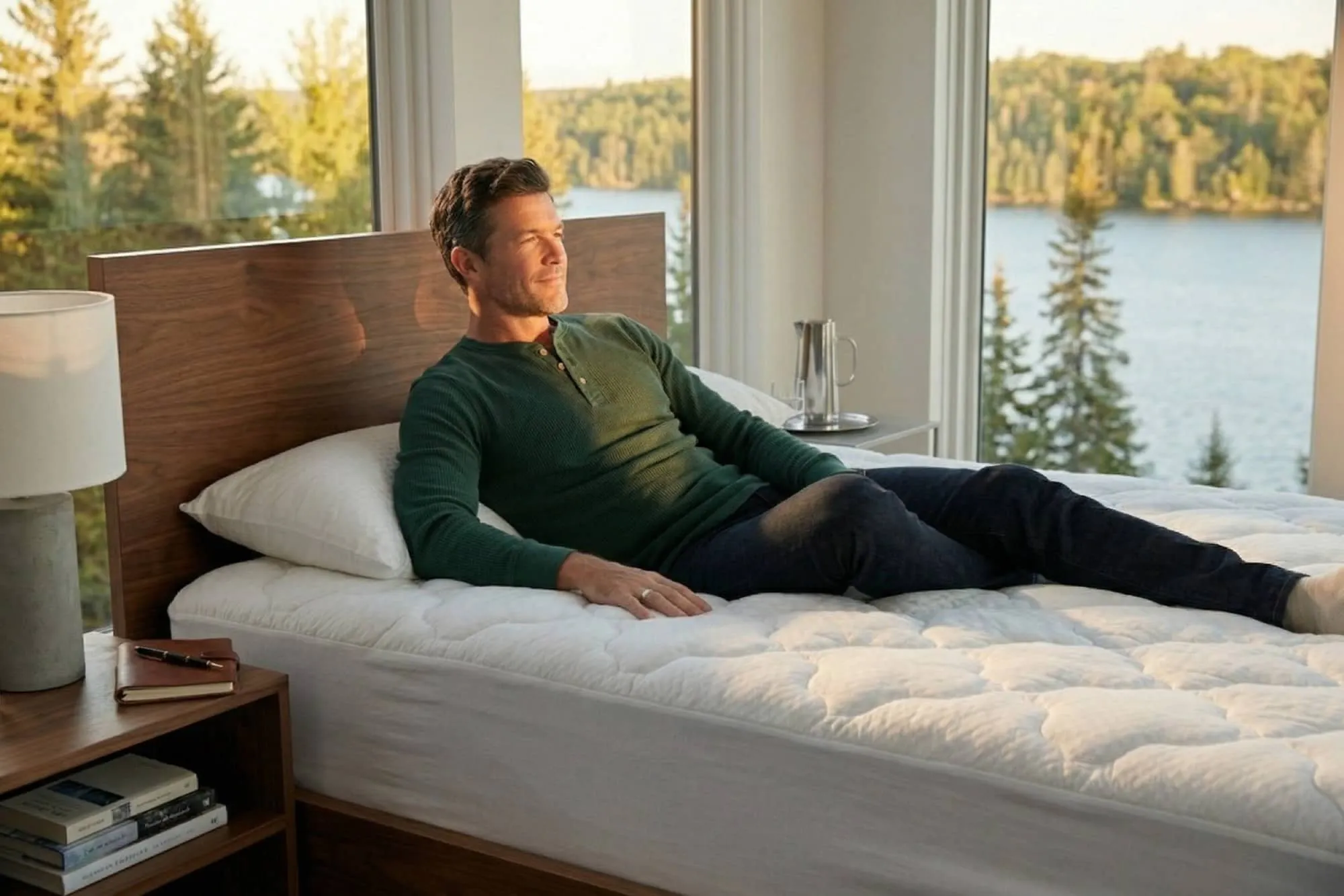 Man lounging contently on a quilted pillow top mattress pad