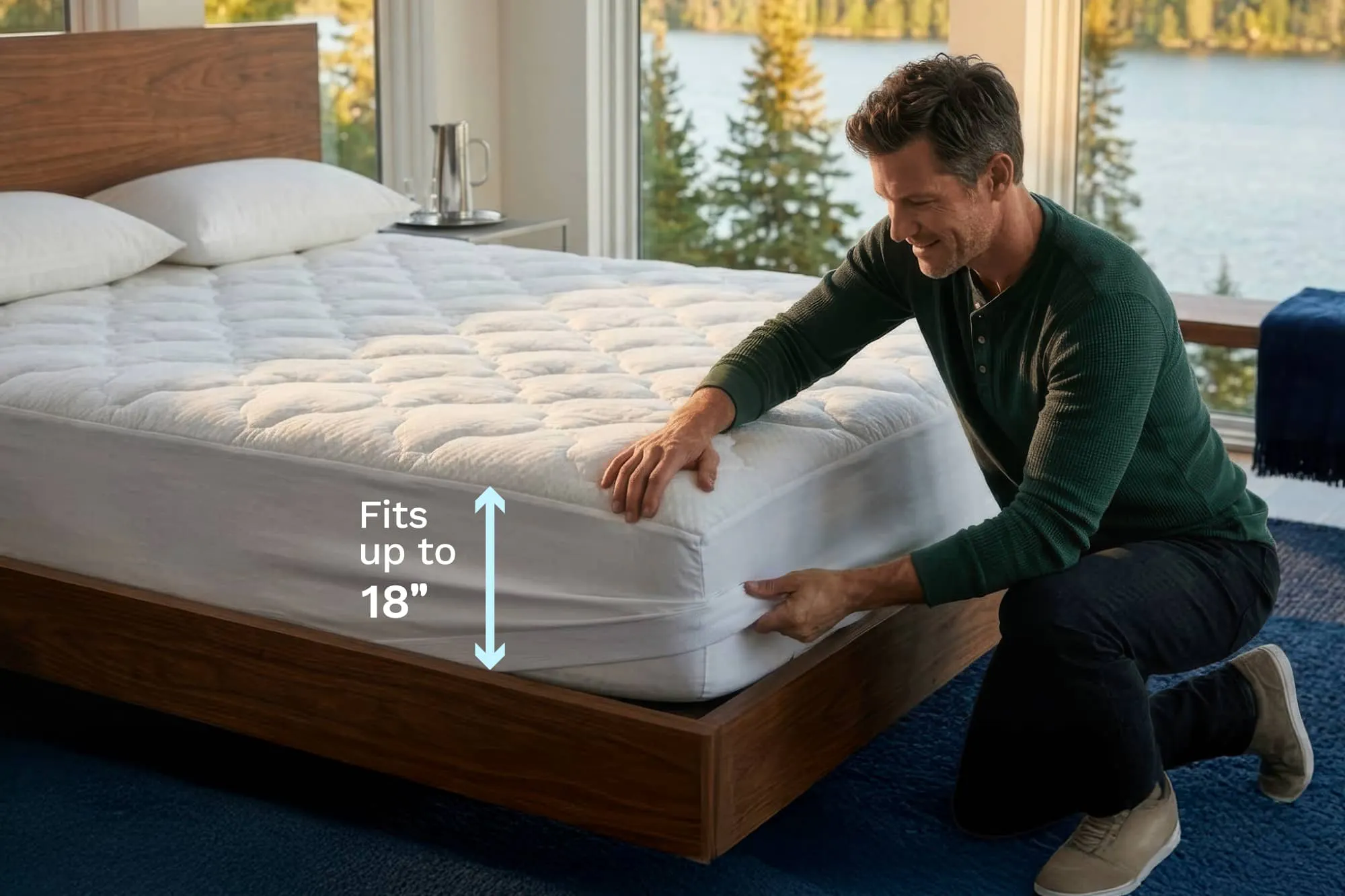 A man pulling the elastic skirt of the mattress pad over the corner of his mattress