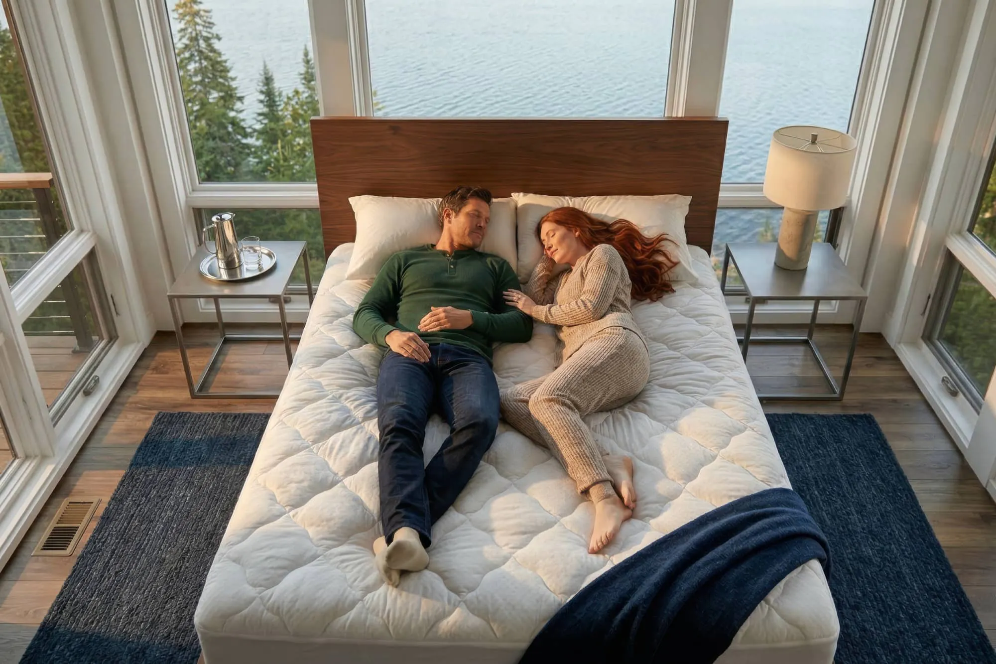 An aerial view of a man and woman cuddling on a quilted mattress pad