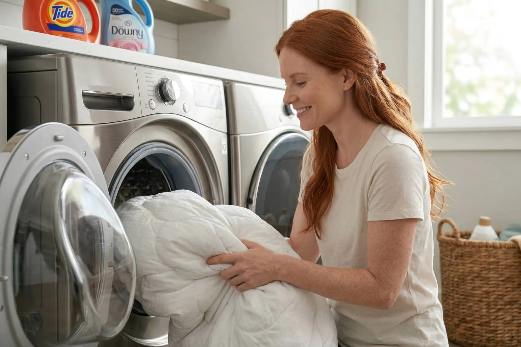 A woman putting the quilted mattress pad into a washing machine