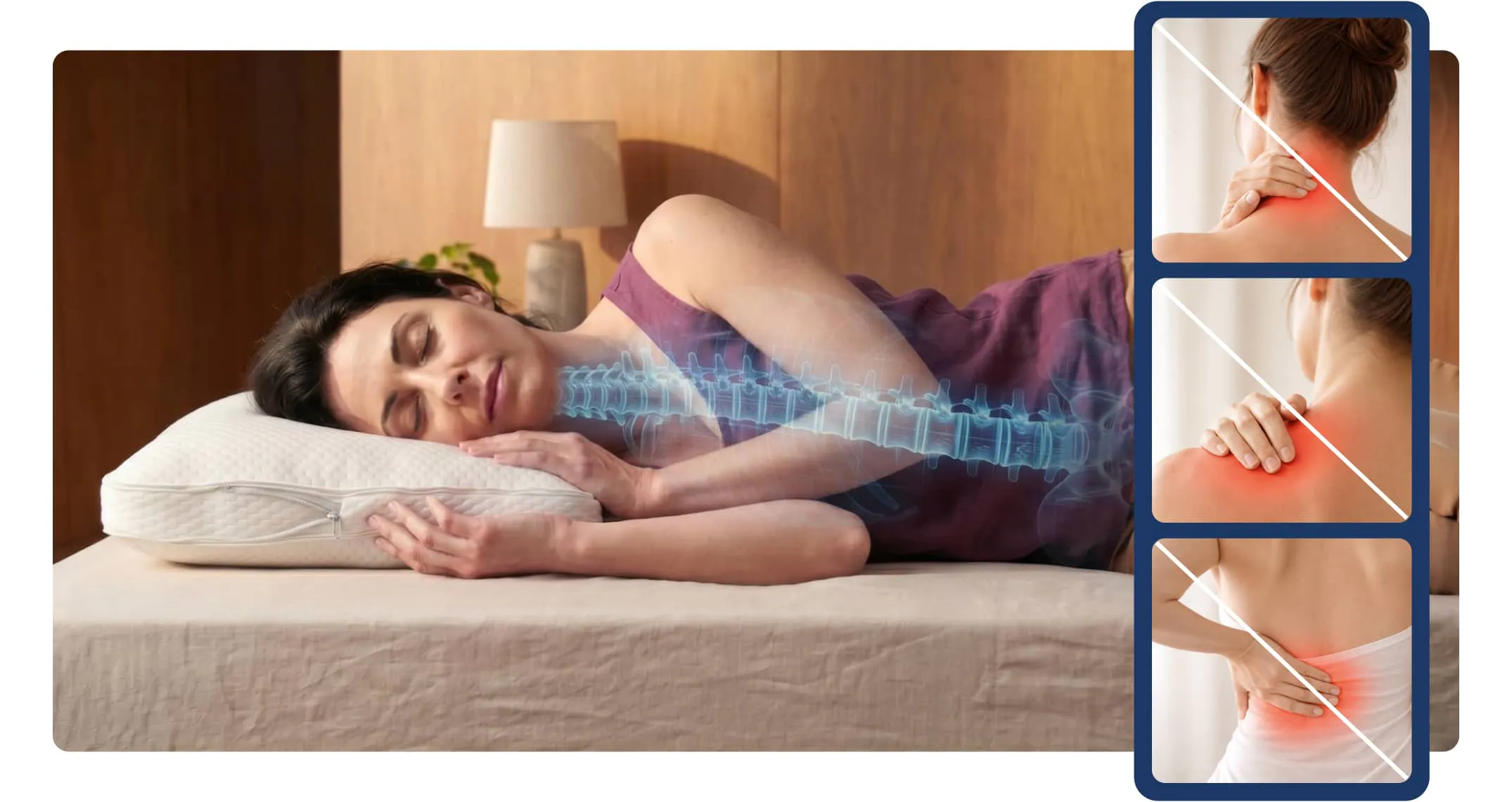 A woman sleeping on her side with a plush white pillow beneath her head, showing proper spine alignment to prevent neck, shoulder and back pain.