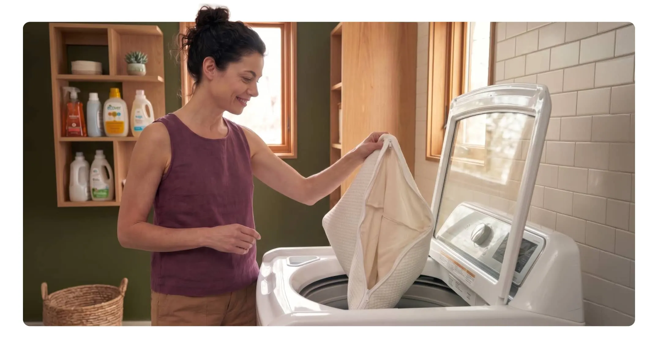 A woman putting the removable cover from a pillow in a washing machine