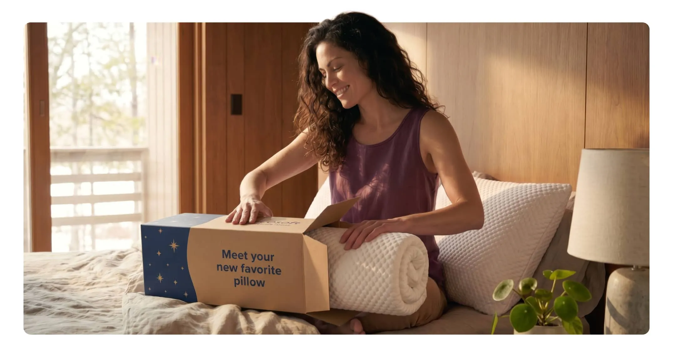 A woman unboxing her rolled up and compressed pillow after it had been delivered to her home