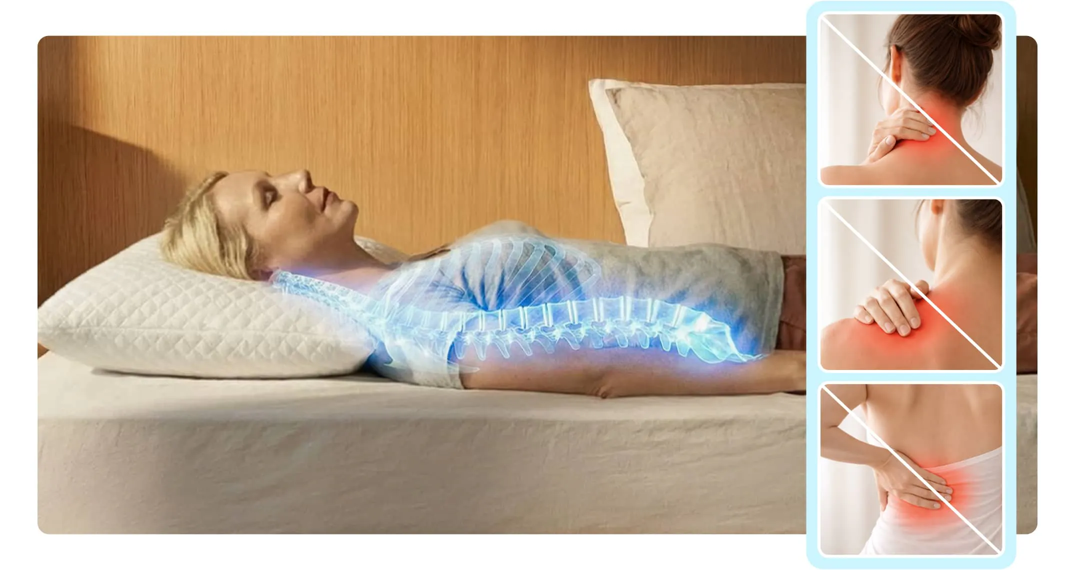A woman laying on her back with a pillow under her head showing proper neck alignment to prevent neck, shoulder and back pain.