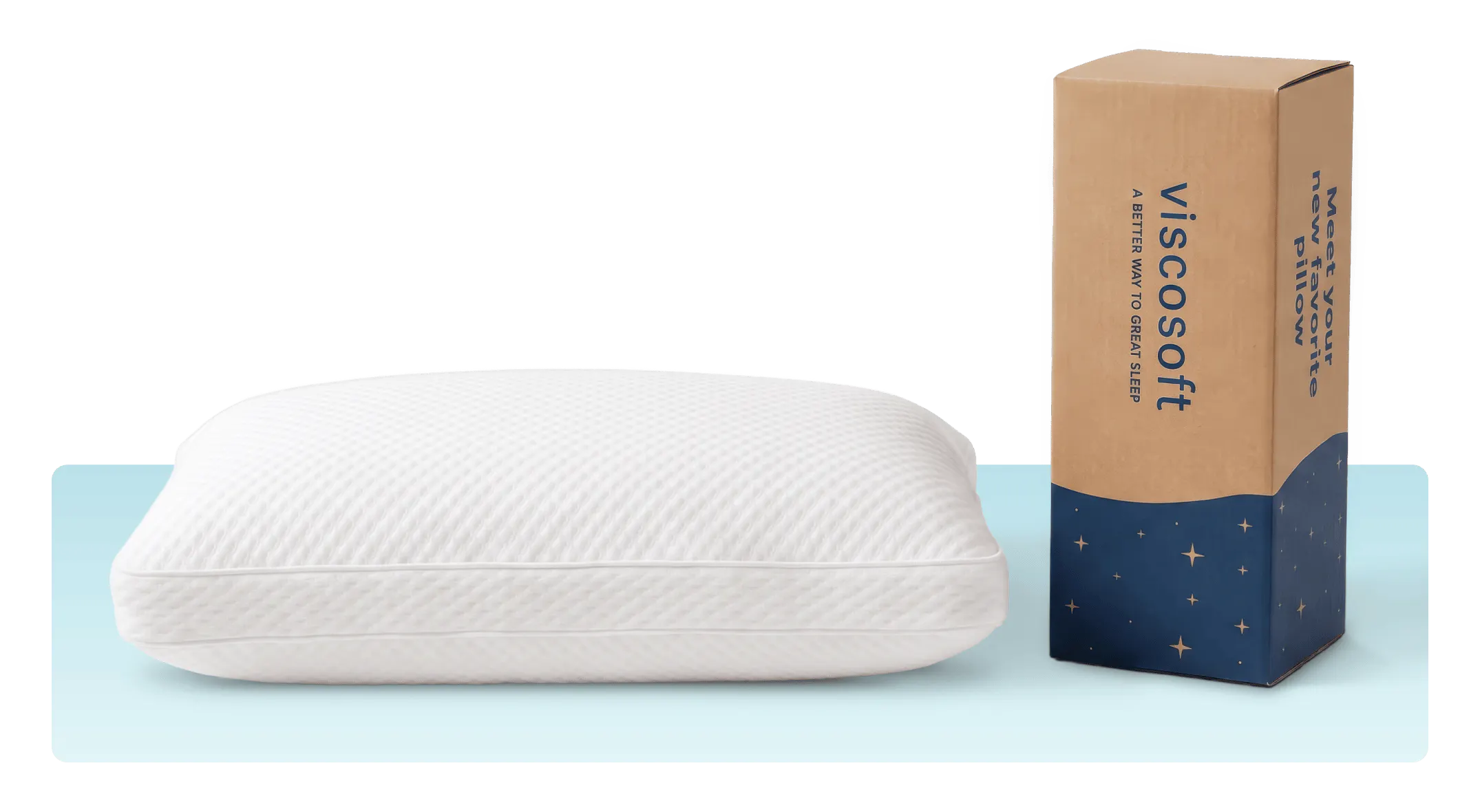 A plush white pillow sitting next to a Viscosoft branded box.