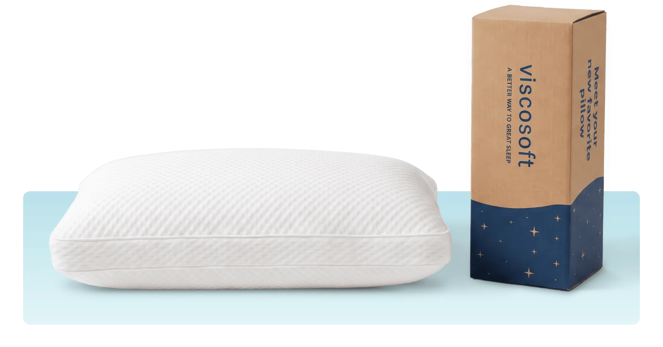 A plush white pillow sitting next to a Viscosoft branded box.