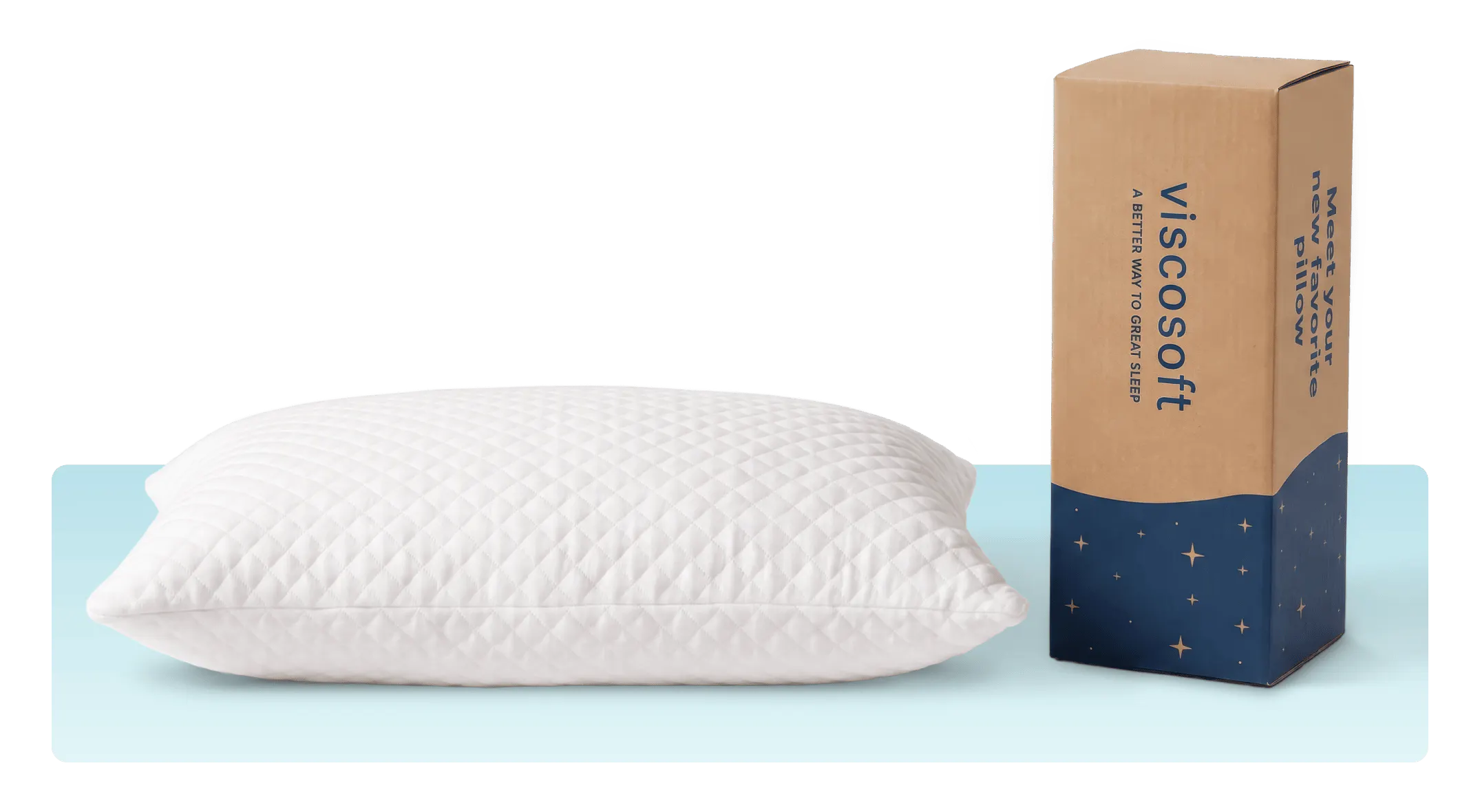 A plush white pillow sitting next to a Viscosoft branded box.