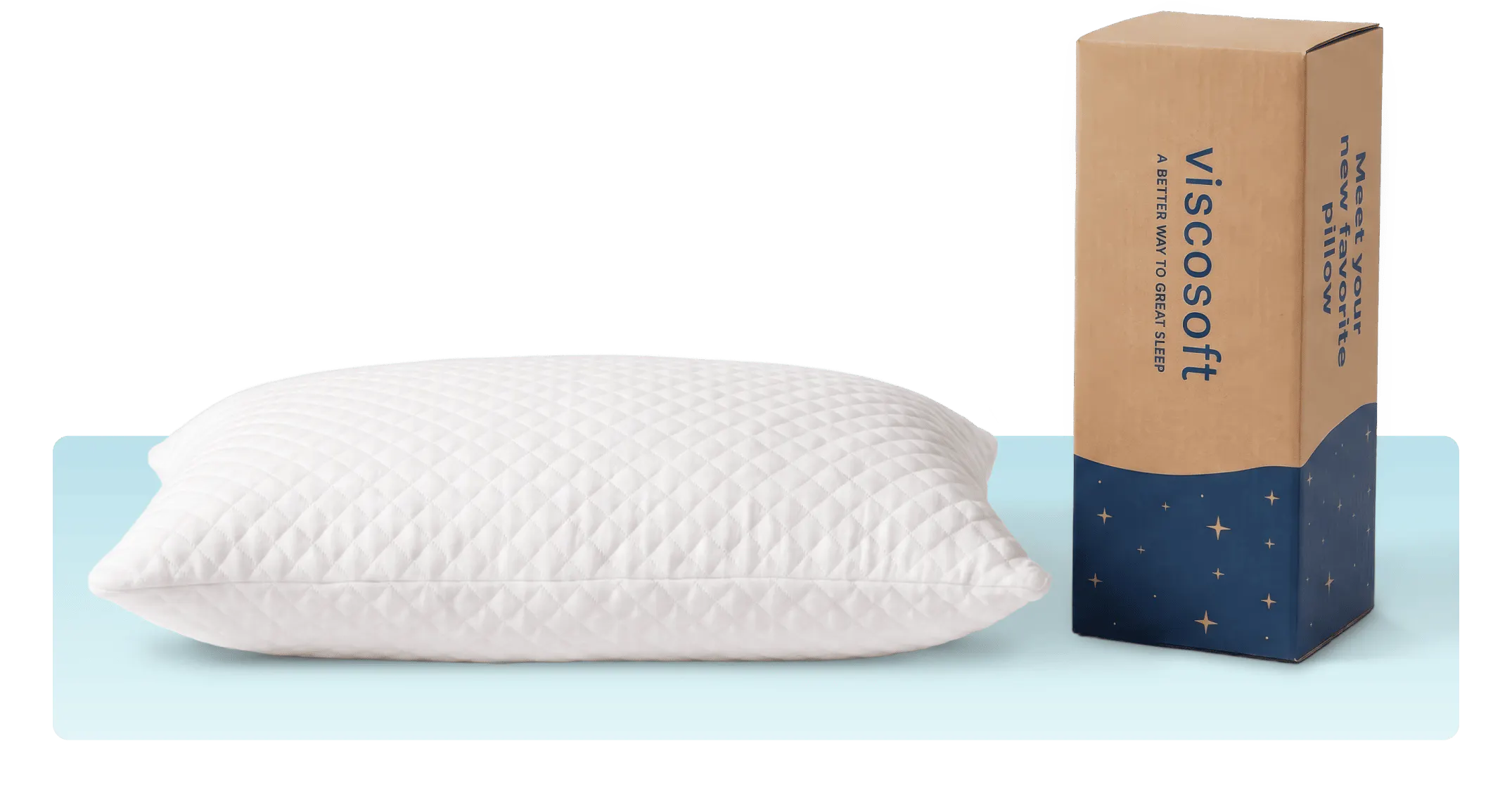 A plush white pillow sitting next to a Viscosoft branded box.