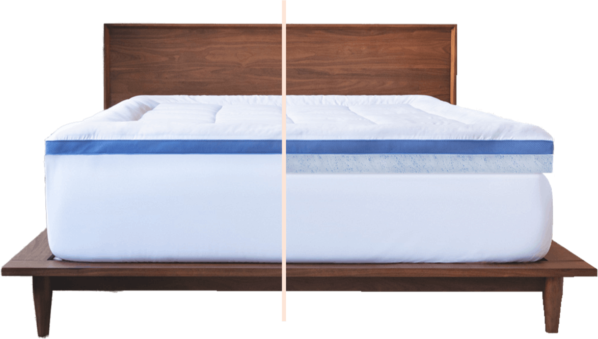 white latex mattress topper on queen bed frame with pillow top cover