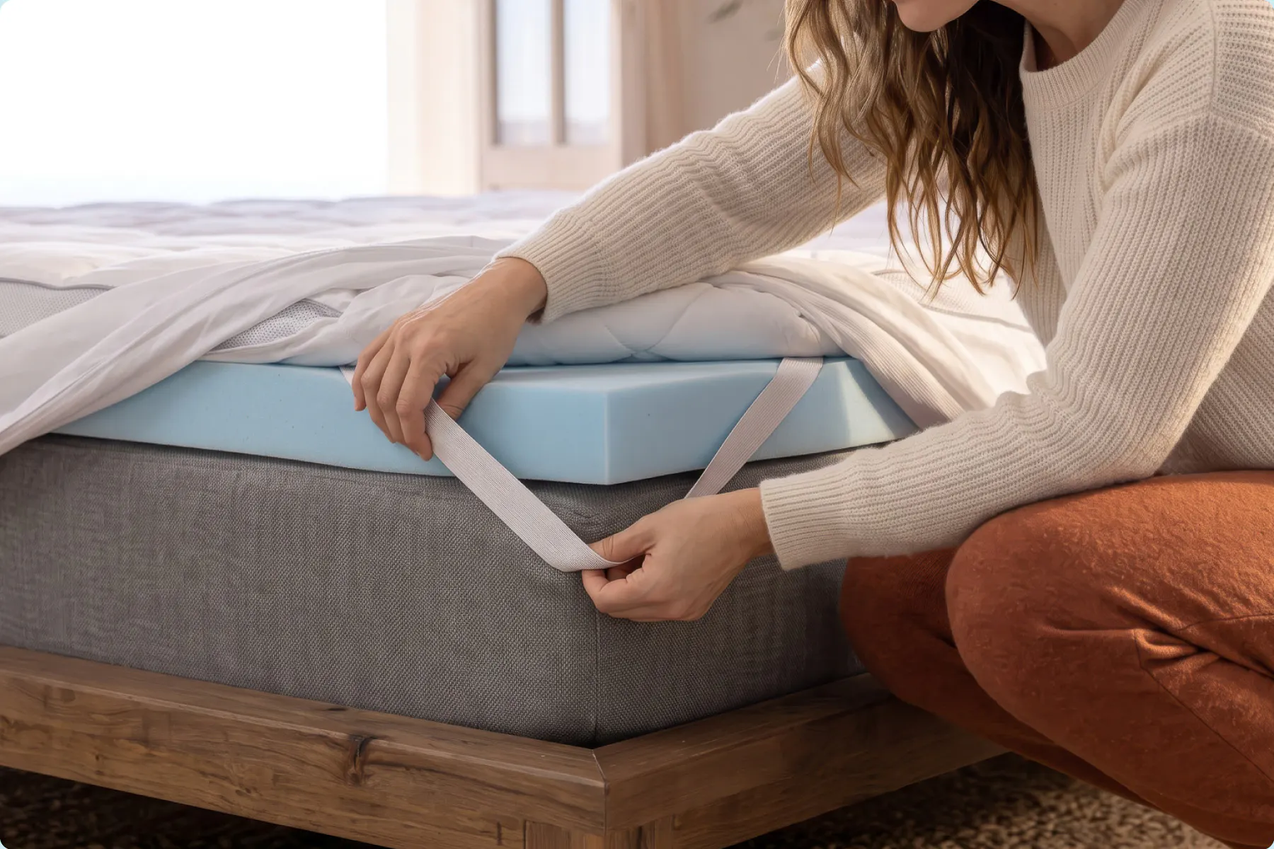 Close-up of hands hooking an elastic corner strap from a blue memory foam topper under a gray mattress.