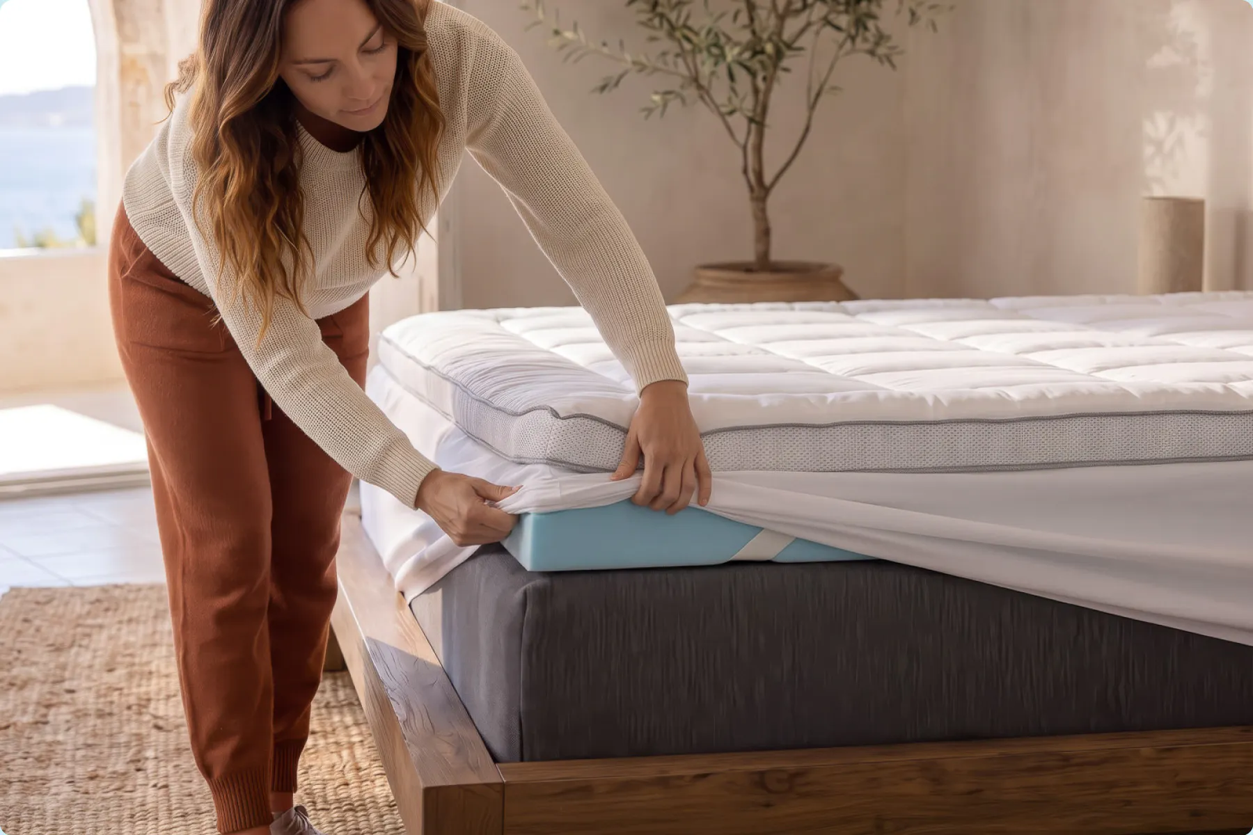 Woman pulling a white quilted topper’s fitted skirt over the blue foam layer and mattress corner.