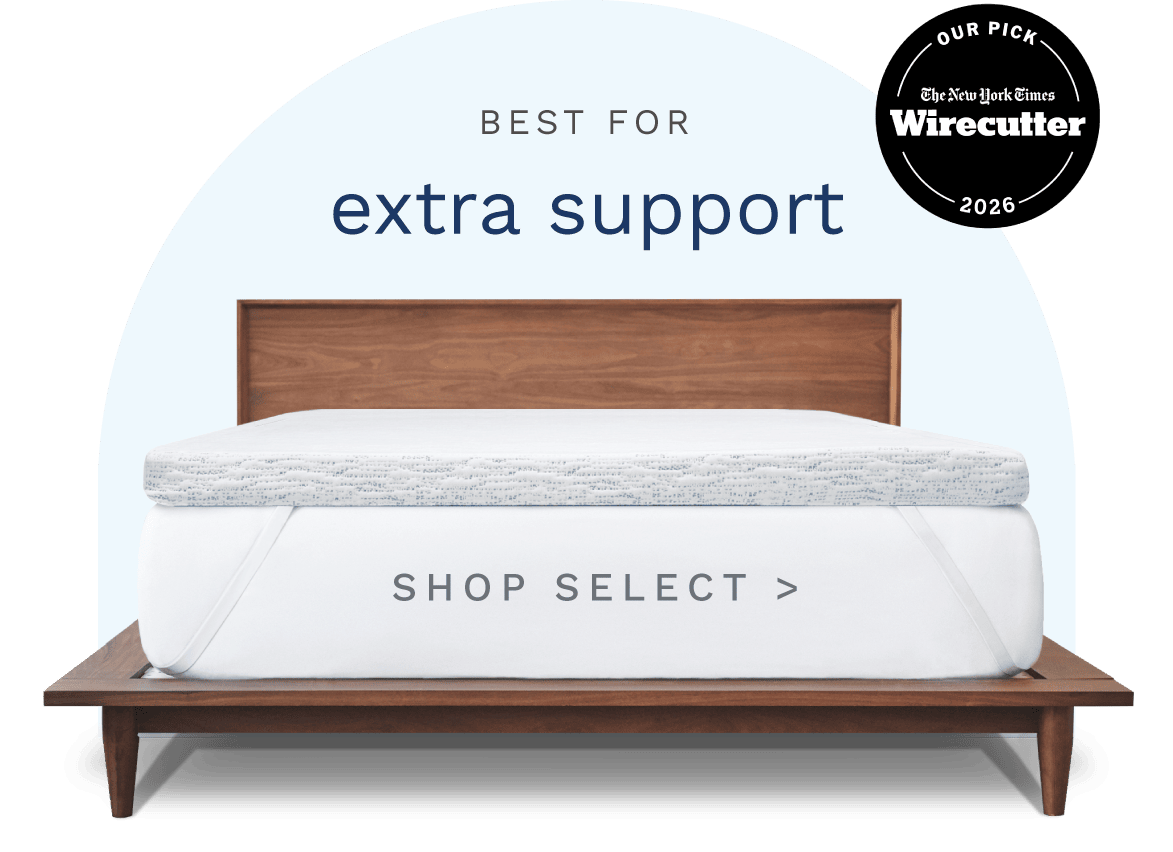 Orders placed by 2pm ships same day. 3" High Density Foam. Photo of a 3" thick white & blue mattress topper secured to a bed with adjustable straps.